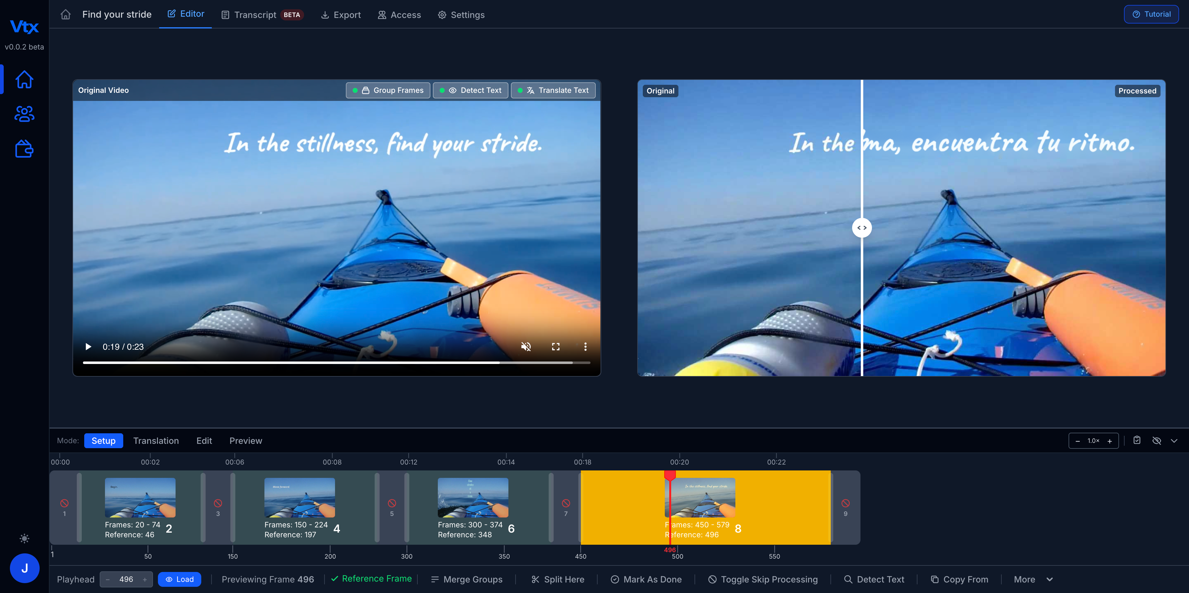 Vtx video text editor in dark mode