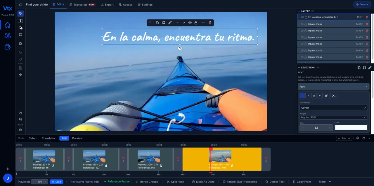 The Vtx editor with a text element selected in a finished video