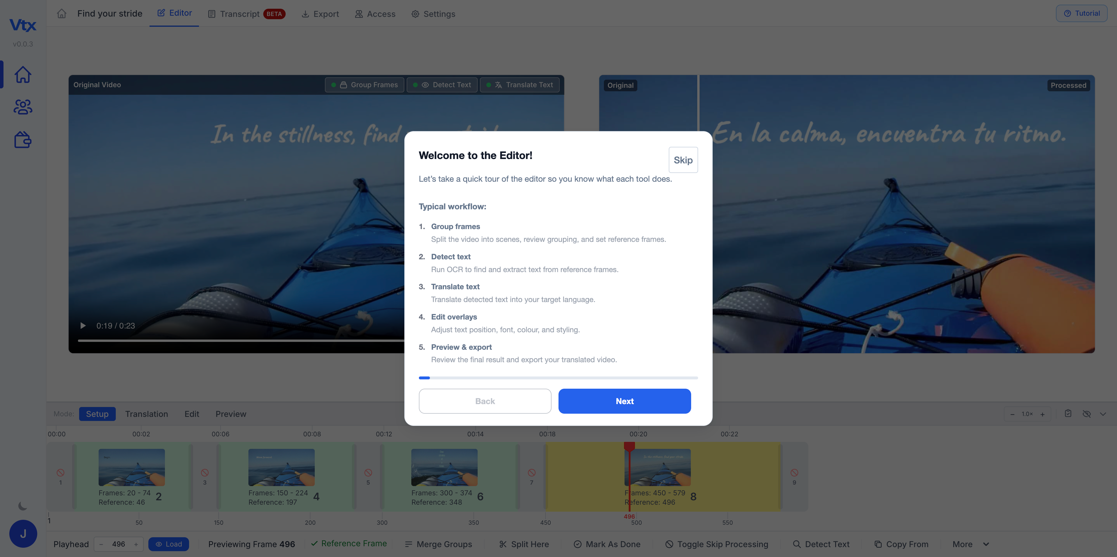 Vtx onboarding tutorial — learn the video text editor with a guided walkthrough