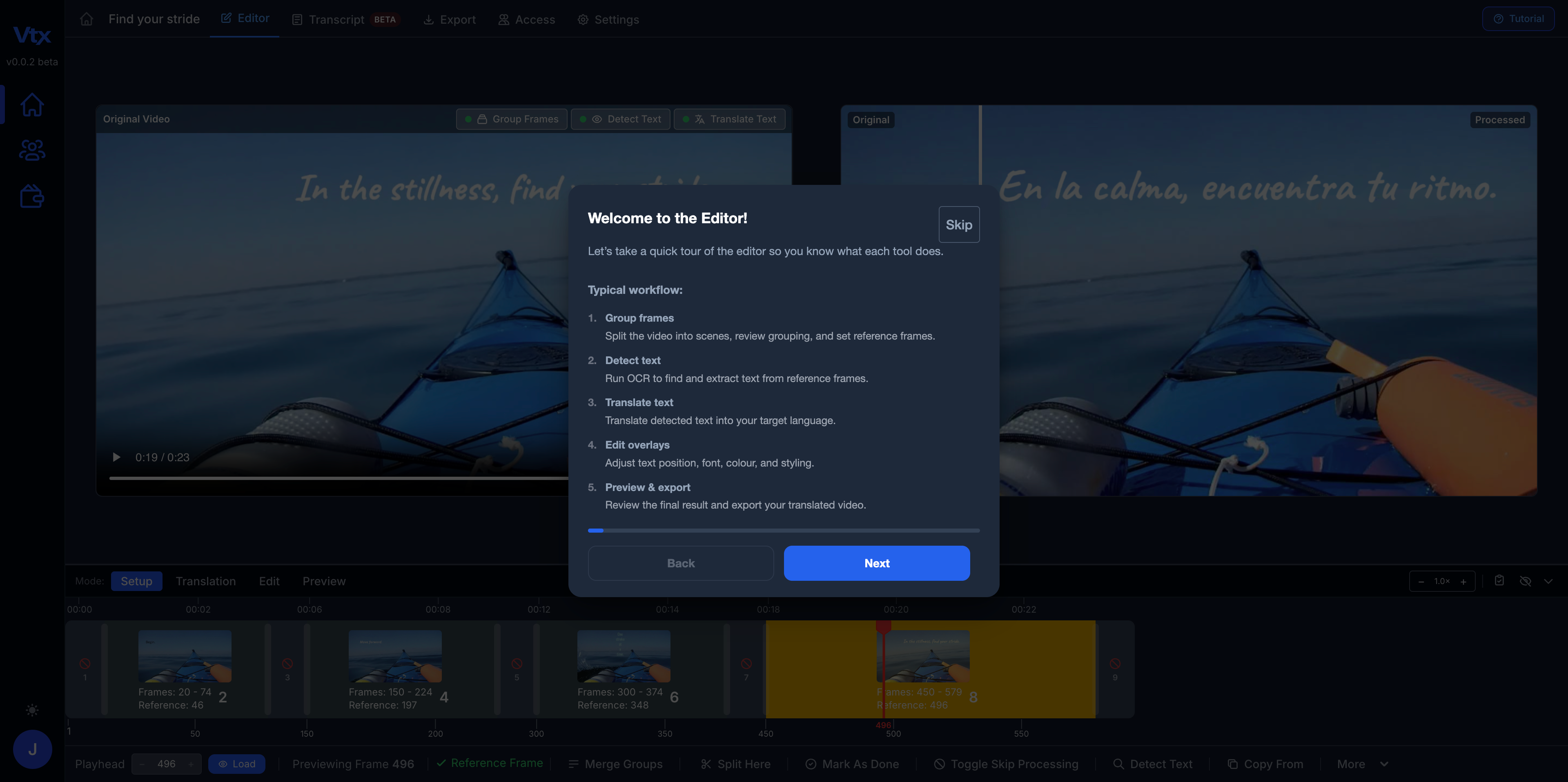 Vtx onboarding tutorial — learn the video text editor with a guided walkthrough