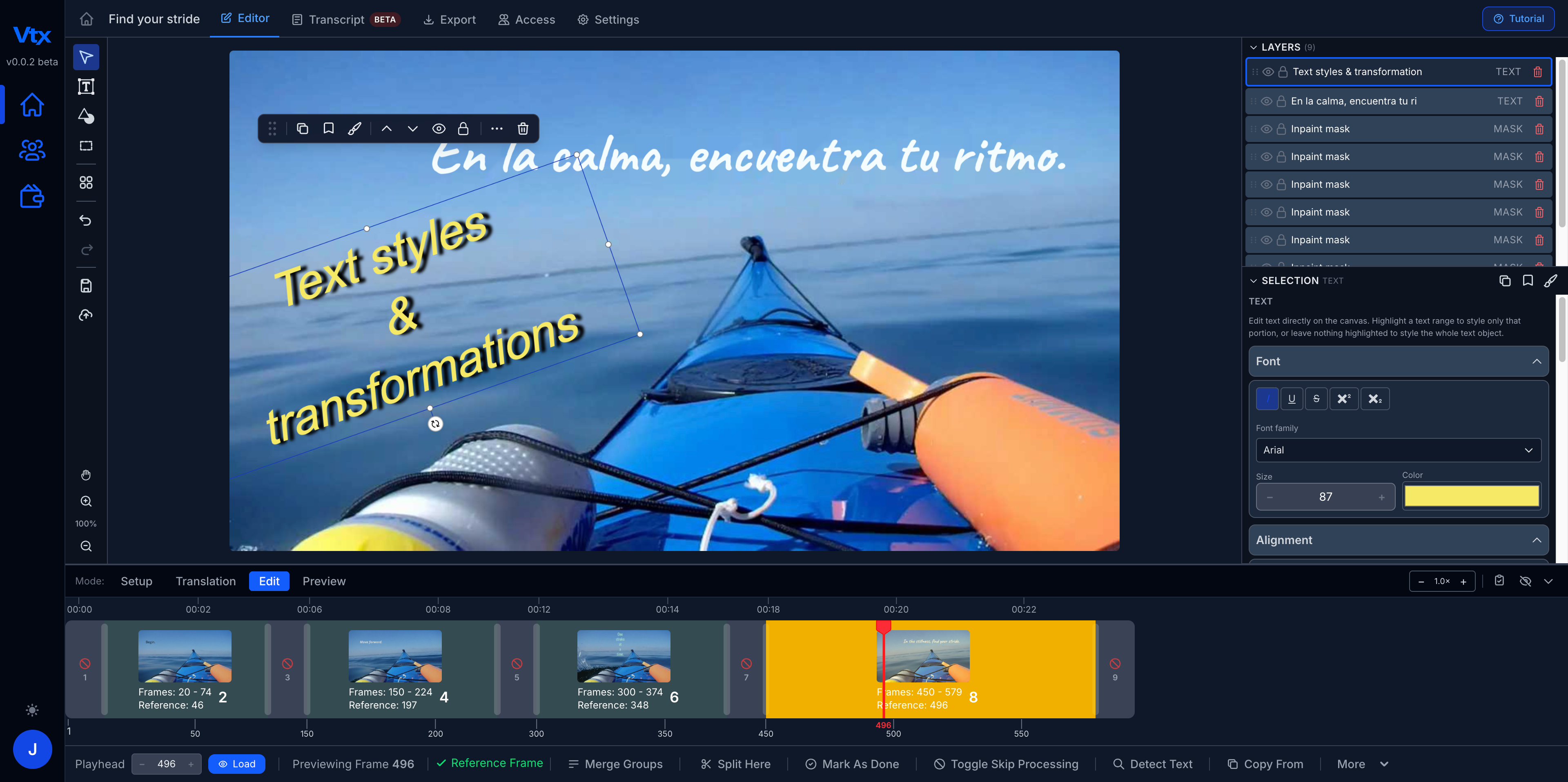 Vtx text styles and transformations panel — update font, size, color, and position